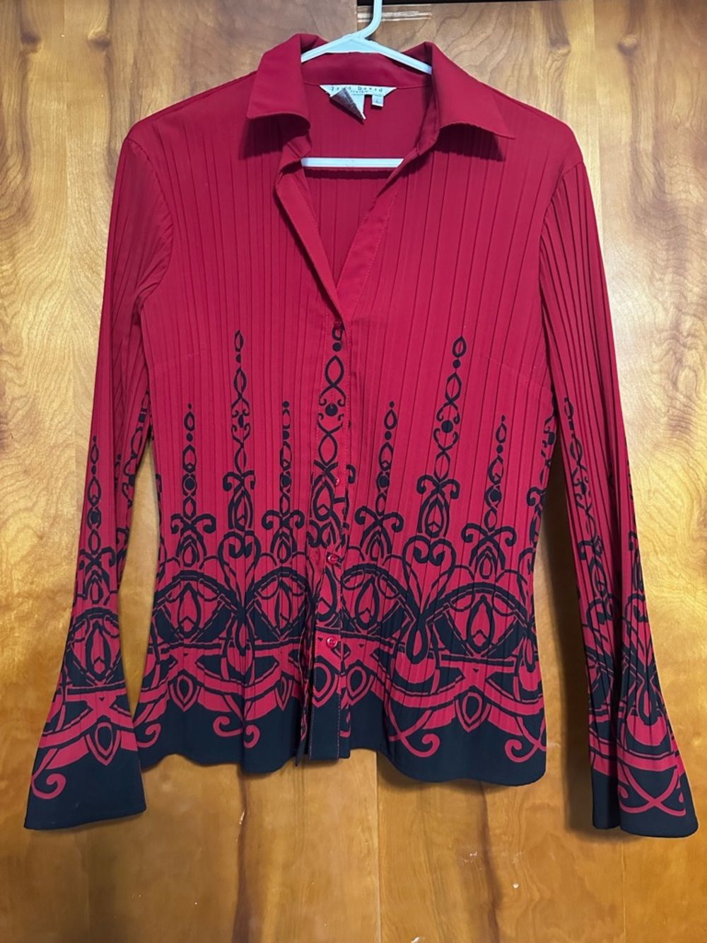 Fred David Red Long-Sleeve Button-Down Top with Black Border Print